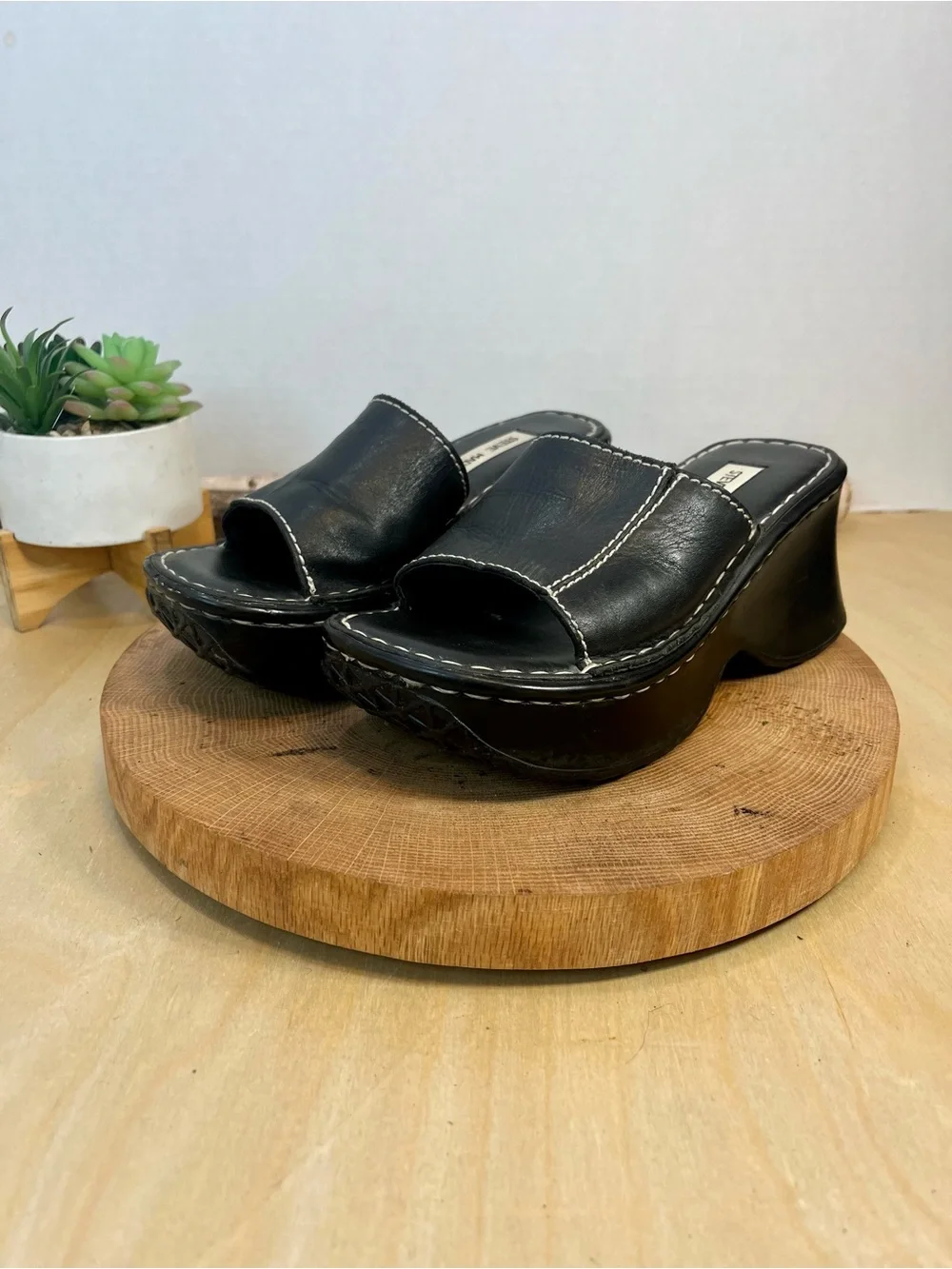 Steve Madden Vintage Ignite Platform Wedge Slides - Black Leather - Size 6.5B - Picture 7 of 16